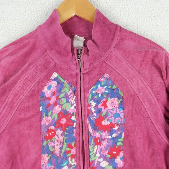 Vintage Velour Track Suit Womens Medium Pink Barbie Sporty Floral 90s Y2K - Picture 2 of 15